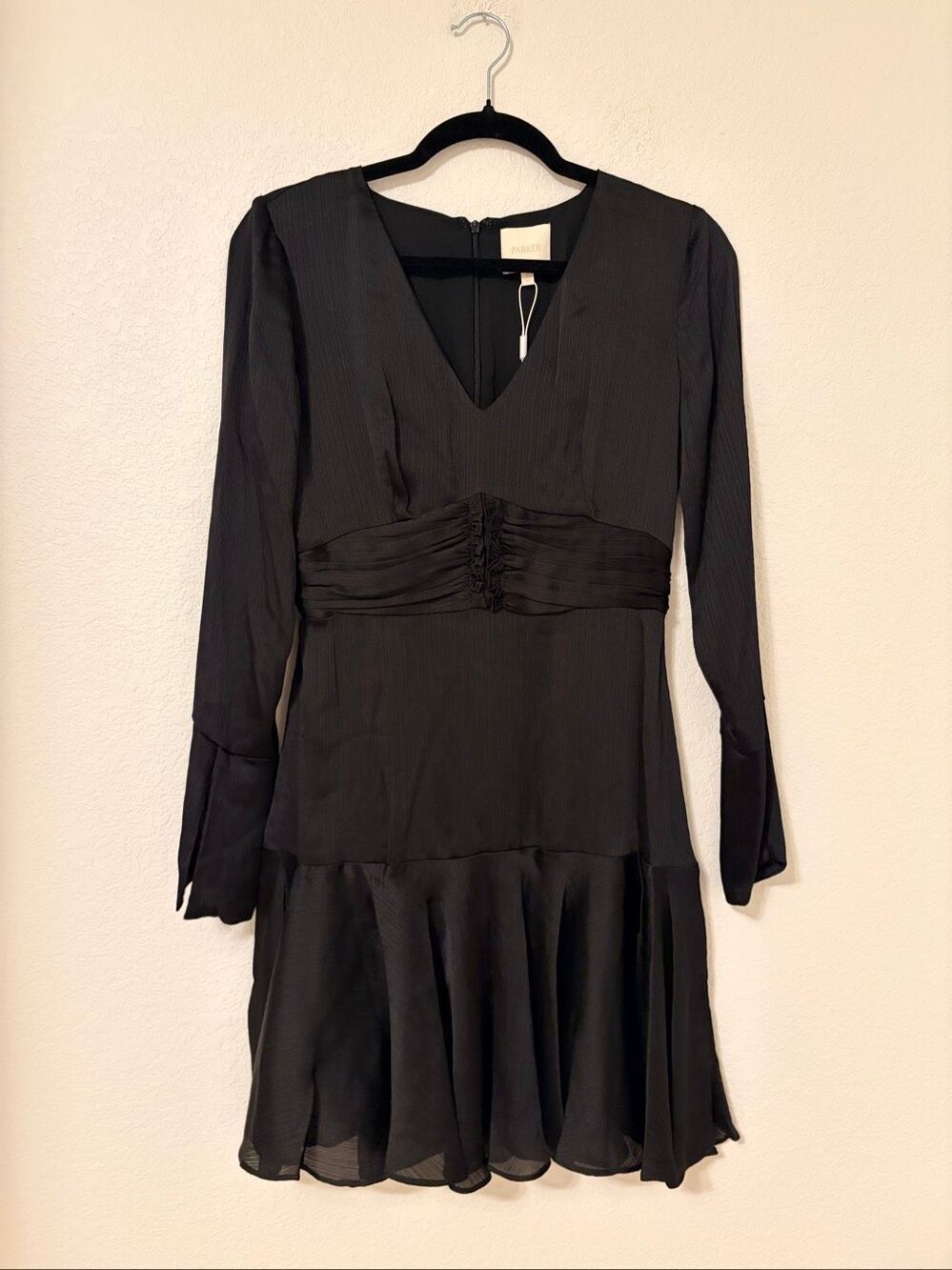 NWT Parker Black Satin Ruched Waist Ruffle Mini Dress Size 2